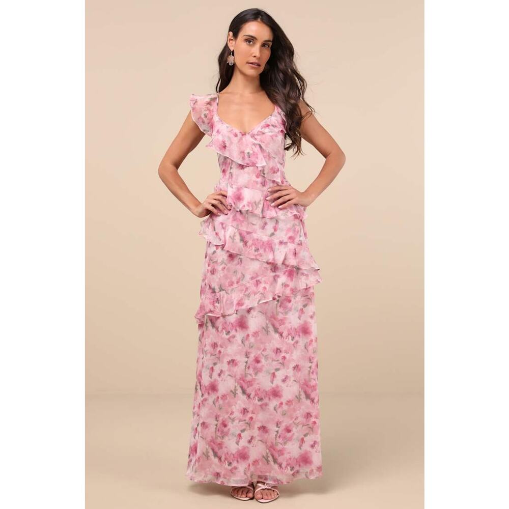 NWT Lulus Evangeline Pink Floral Ruffle Maxi Dress Cruise Resort Gala Banquet XL